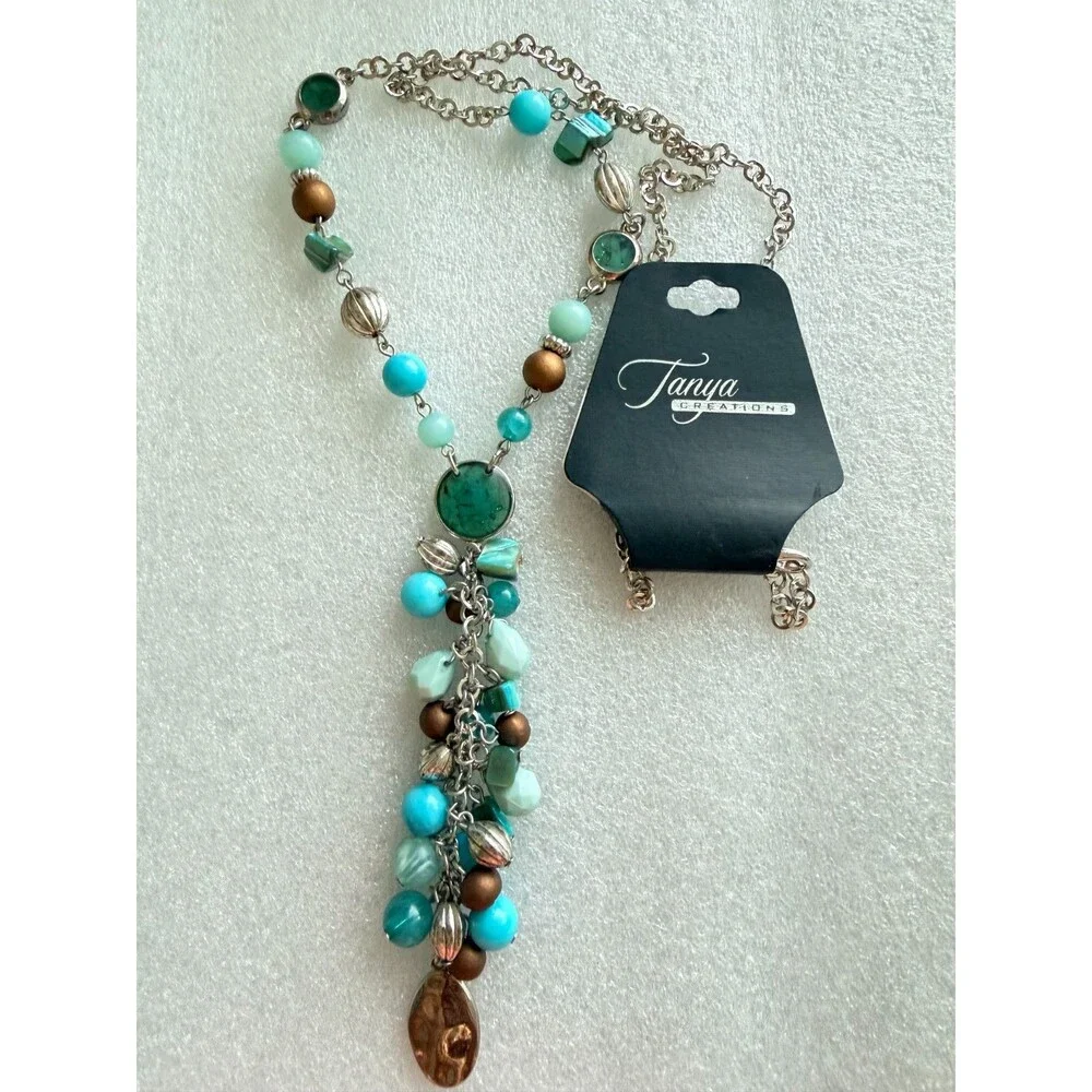 Tanya Creations Turquoise Blue Beaded Y Drop Cluster Pendant Necklace NWT